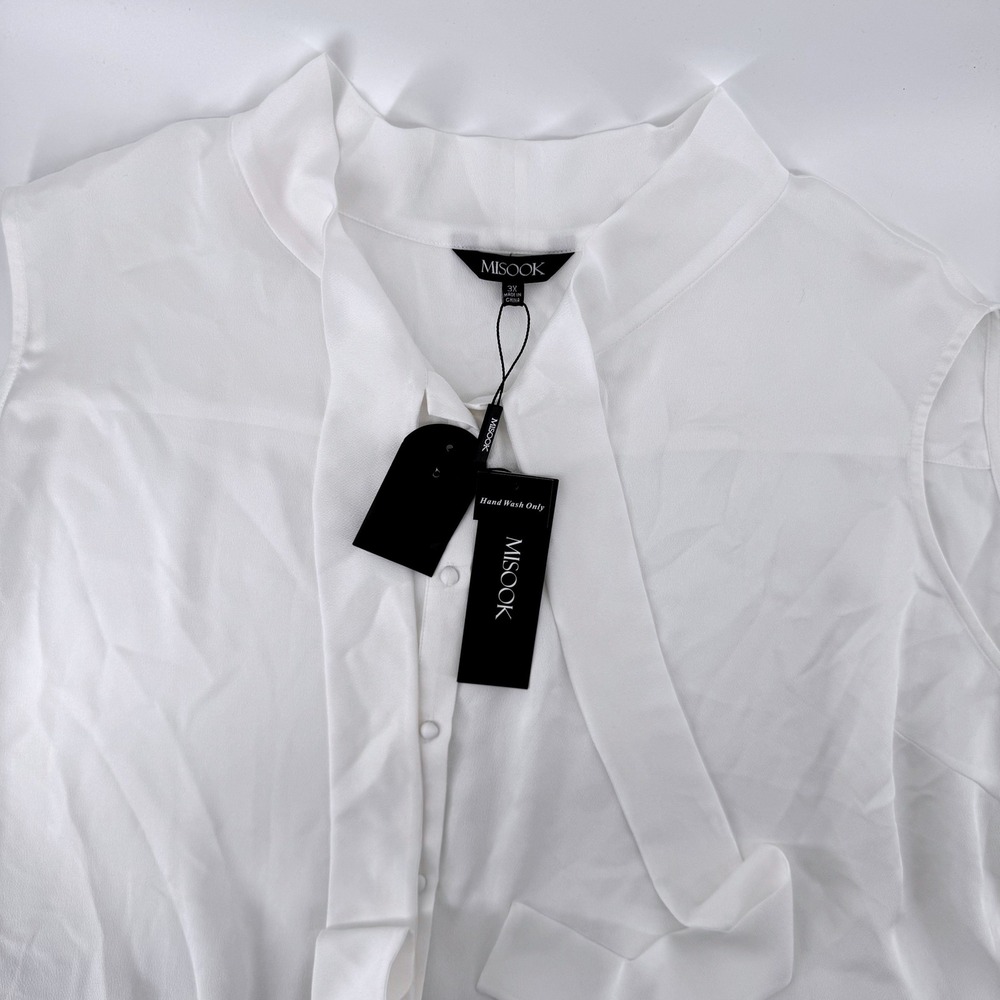 Misook 3X White Crepe de Chine Blouse Tie Neck Sleeveless Elegant Secretary Boho